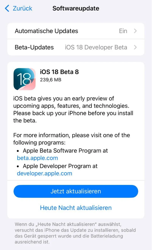 孟村苹果手机维修分享苹果 iOS / iPadOS 18 开发者预览版 Beta 8 发布 